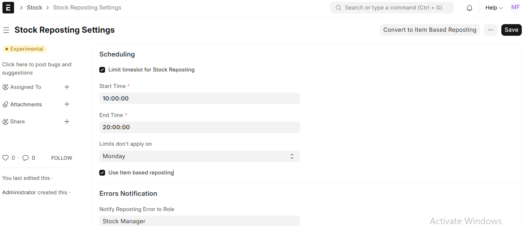 Stock Reposting Settings