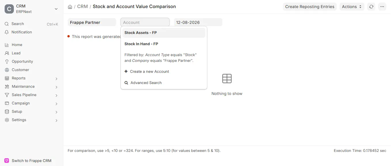 ERPNext Stock and Account Value Comparison report with Account dropdown showing Stock Assets and Stock In Hand