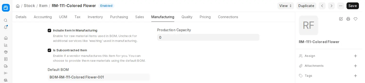 ERPNext Item Manufacturing tab showing subcontracted item settings