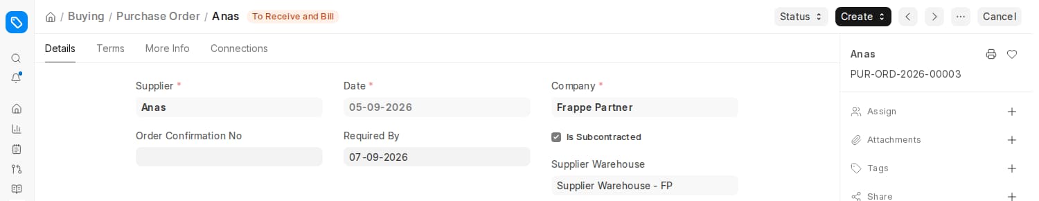 ERPNext Purchase Order with Is Subcontracted checkbox enabled