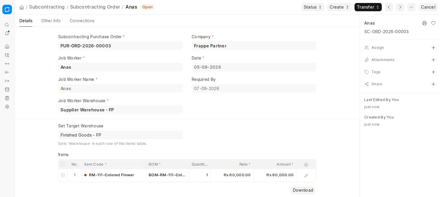 ERPNext Subcontracting Order showing job worker and item details