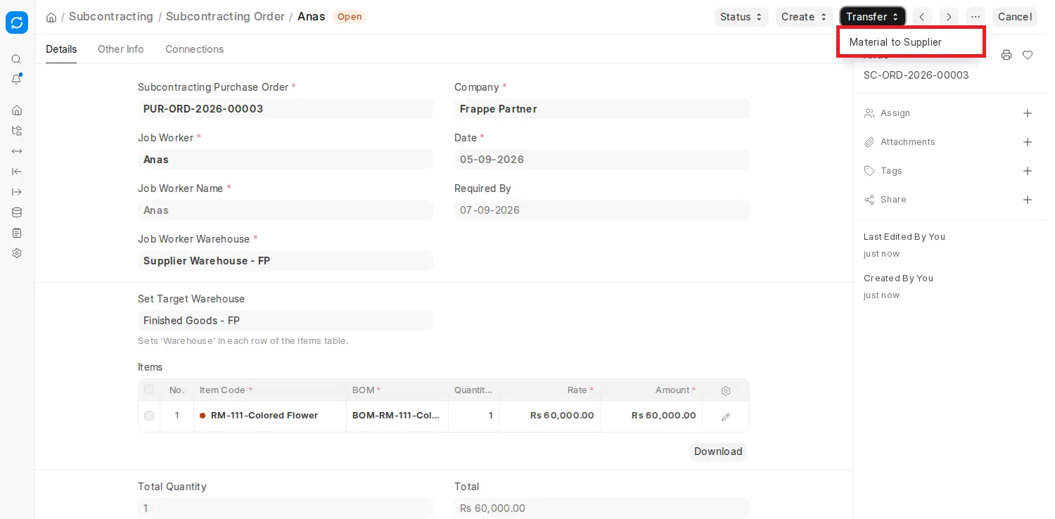 ERPNext Subcontracting Order Transfer dropdown with Material to Supplier option