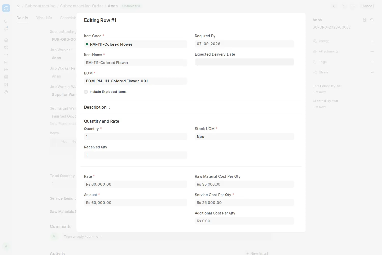 ERPNext Subcontracting Order item showing raw material and service cost breakdown