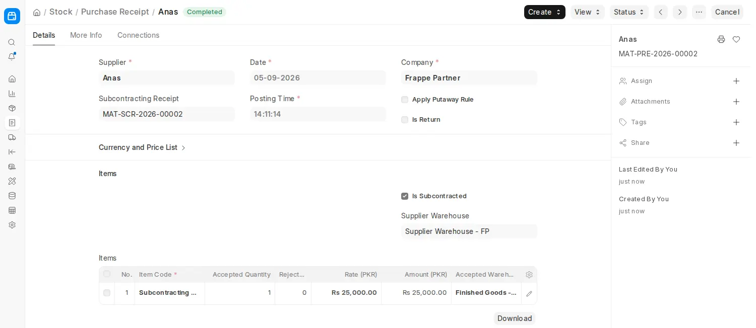 ERPNext Purchase Receipt for subcontracted item showing finished goods warehouse
