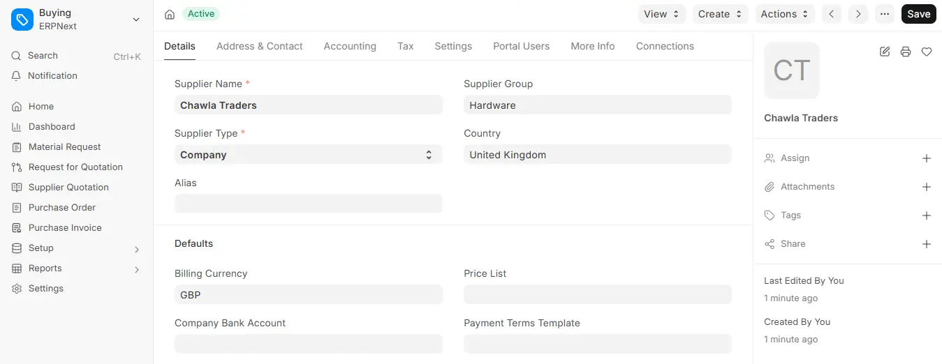 ERPNext Supplier detail page for Chawla Traders showing Details and Defaults section