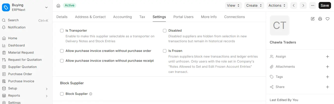 ERPNext Supplier Settings tab showing Is Frozen, Disabled and Block Supplier options