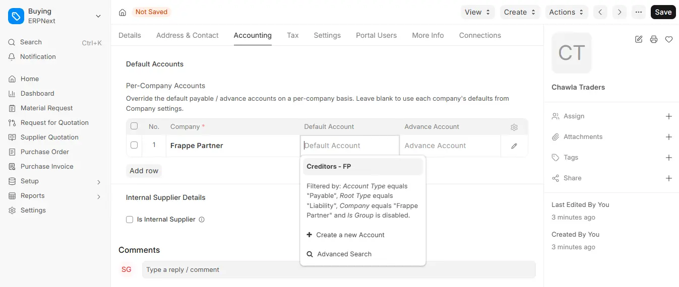 ERPNext Supplier Accounting tab showing Default Account dropdown filtered by Payable accounts