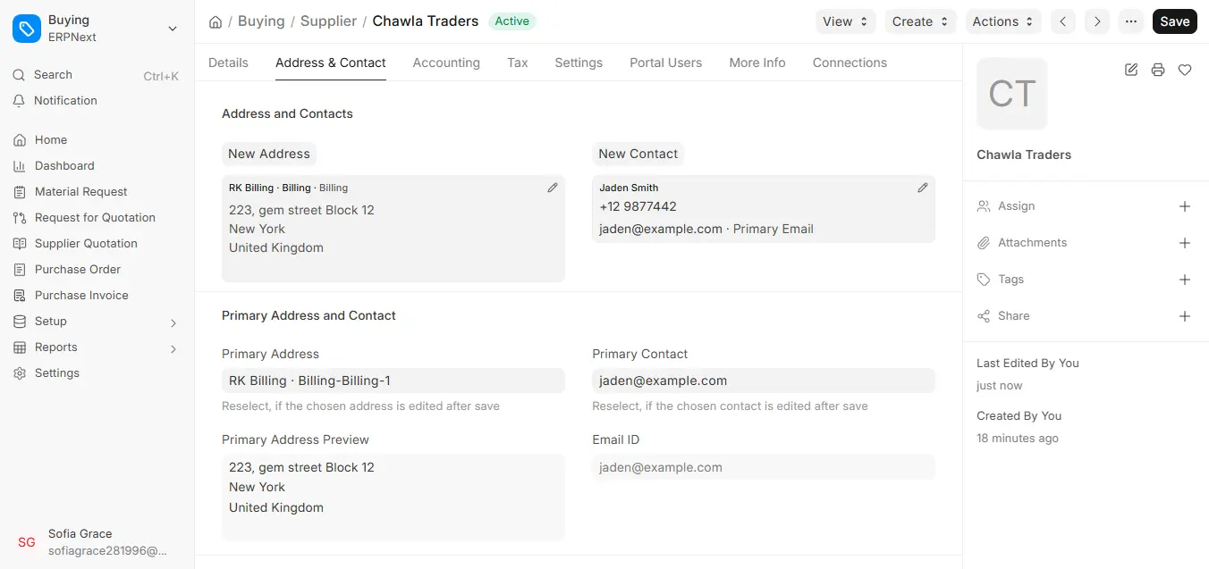 ERPNext Supplier Address and Contact tab showing primary address and contact for Chawla Traders