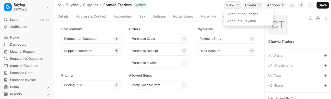 ERPNext Supplier Connections tab showing Procurement, Orders and Payments quick links
