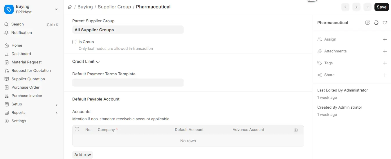 Pharmaceutical Supplier Group configuration page in ERPNext with default payable account section