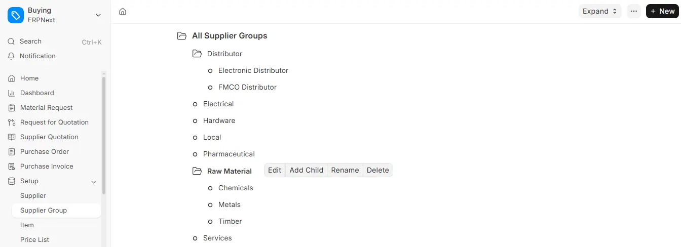 ERPNext Supplier Group tree view showing categories like Distributor, Pharmaceutical, and Raw Material