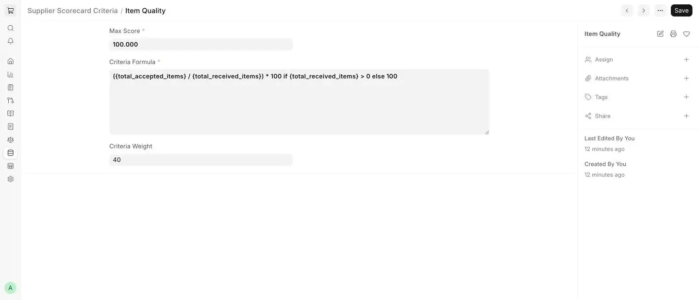 ERPNext Supplier Scorecard Criteria Item Quality formula using accepted and received items