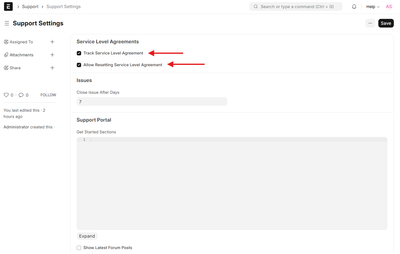 Support Settings