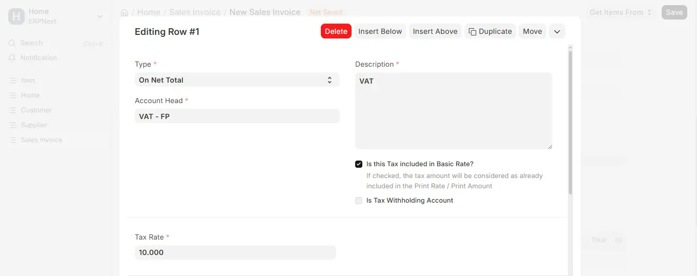 Editing tax row in ERPNext Sales Invoice with VAT account and inclusive tax rate setting