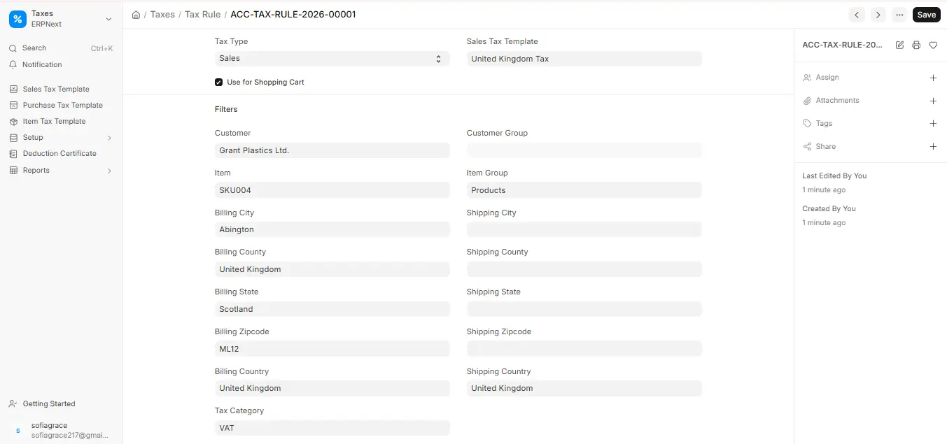 Tax Rule setup in ERPNext with customer, item, and location-based tax filters for UK VAT