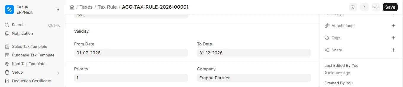 ERPNext Tax Rule validity section showing From Date, To Date, Priority, and Company fields
