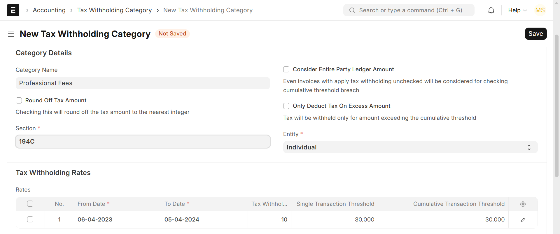 Tax Withholding Category