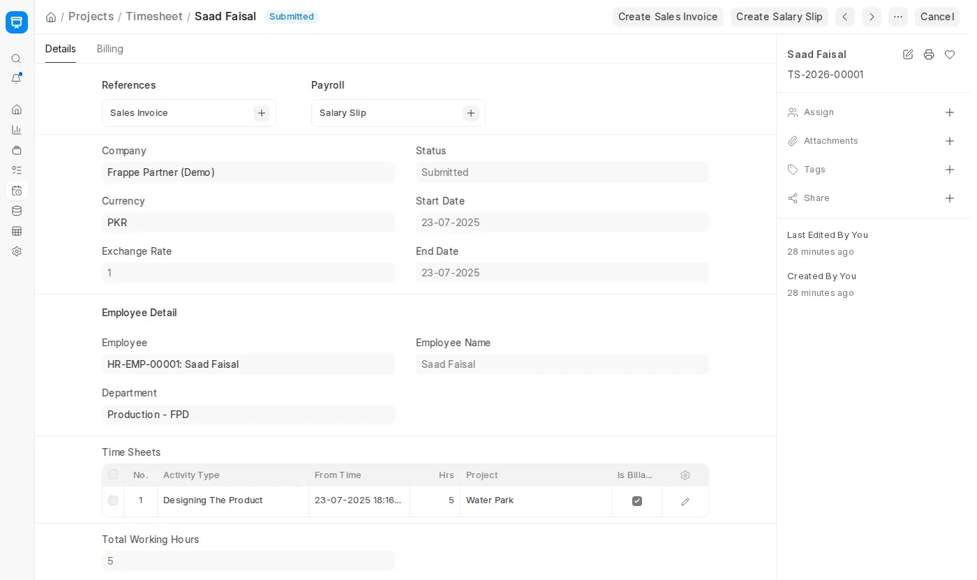 ERPNext Timesheet showing employee hours and billable activity