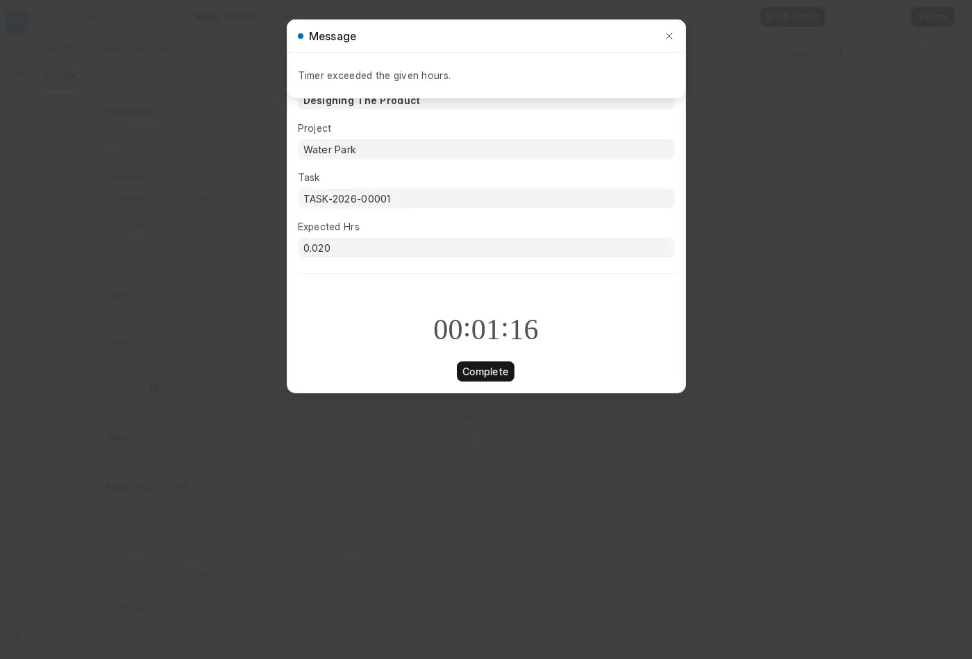 ERPNext timer completing activity with time exceeded notification