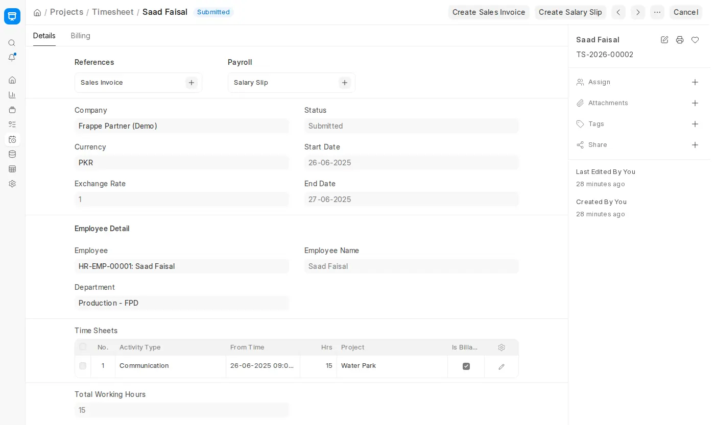 ERPNext submitted timesheet showing total working hours for water park project