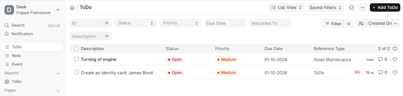 ERPNext ToDo form with status dropdown showing Open, Closed and Cancelled options