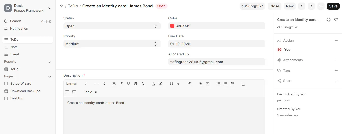 ERPNext ToDo form with status, priority, due date and allocated to fields
