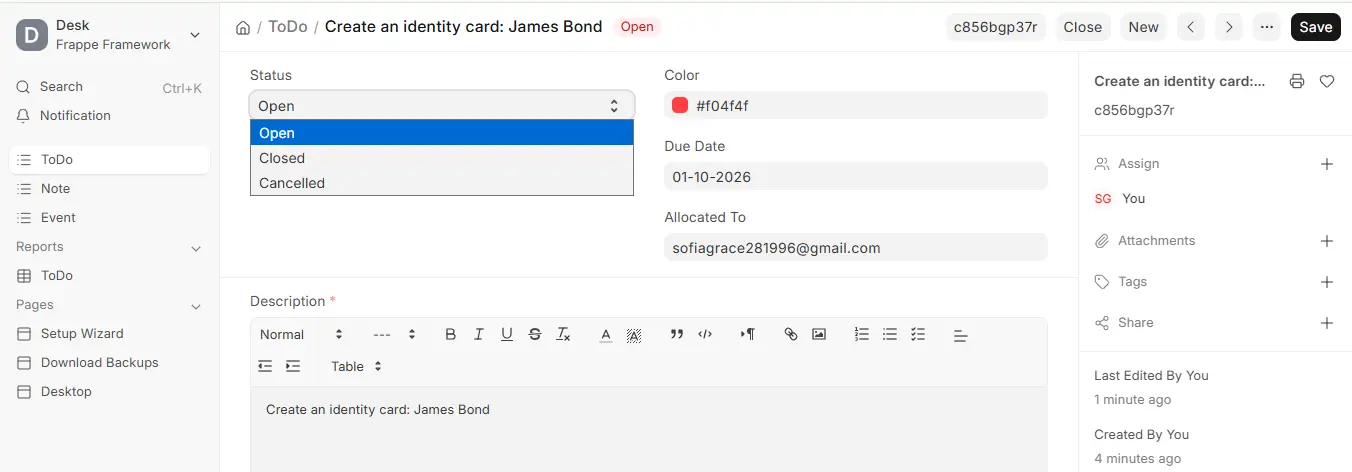 ERPNext ToDo form with status dropdown showing Open, Closed and Cancelled options