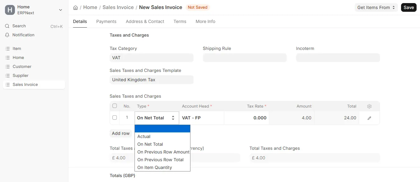 ERPNext Sales Invoice tax type dropdown with calculation options