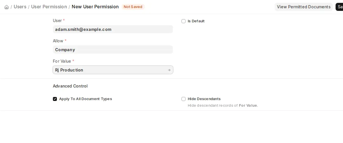 ERPNext New User Permission restricting access to a specific company