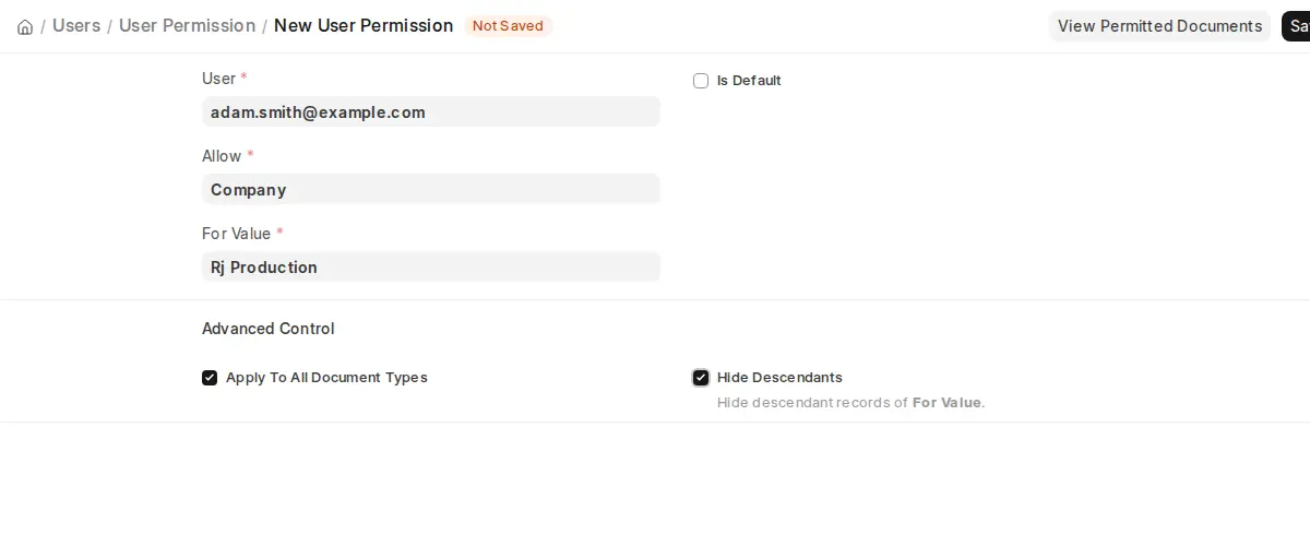 ERPNext User Permission with Hide Descendants option enabled