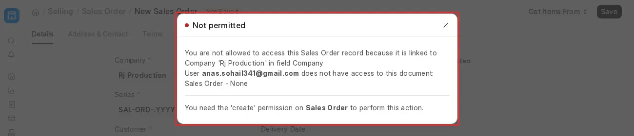ERPNext Not permitted error showing user permission restriction