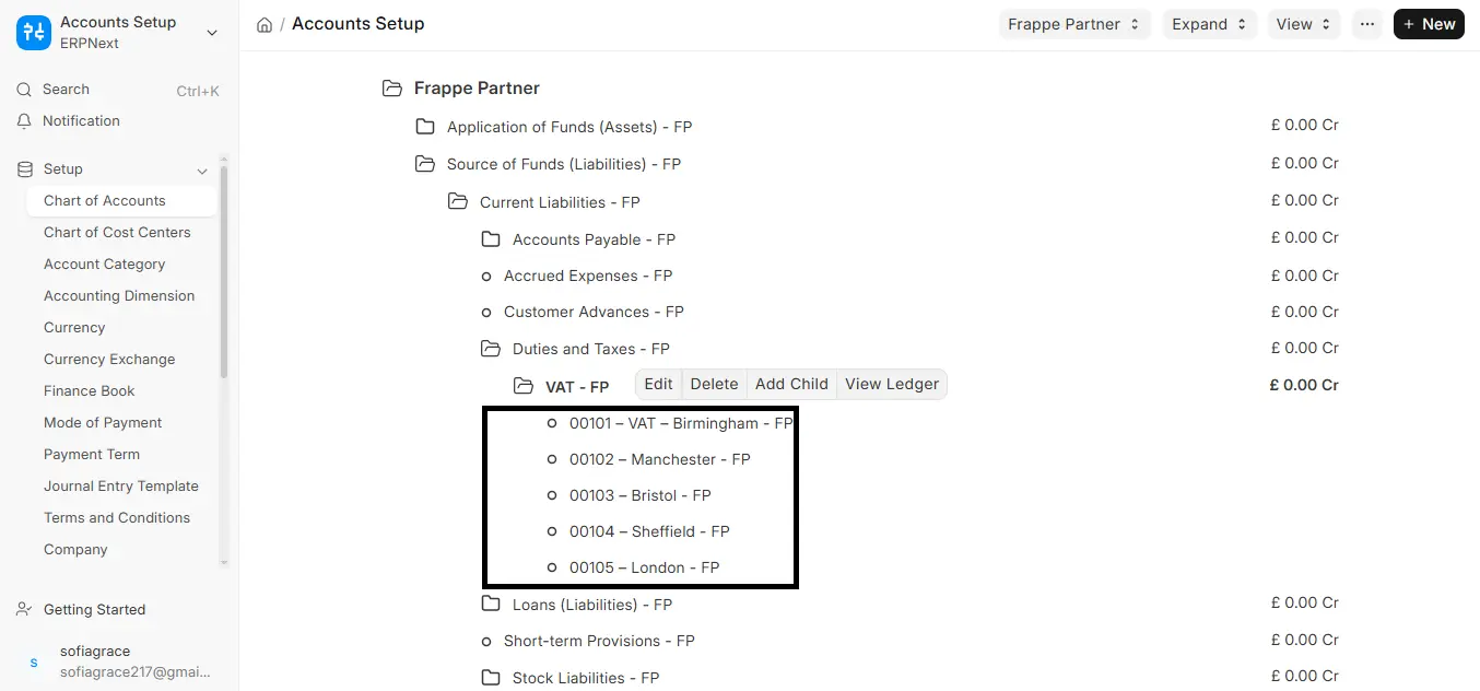 ERPNext VAT account with child accounts for multiple branches