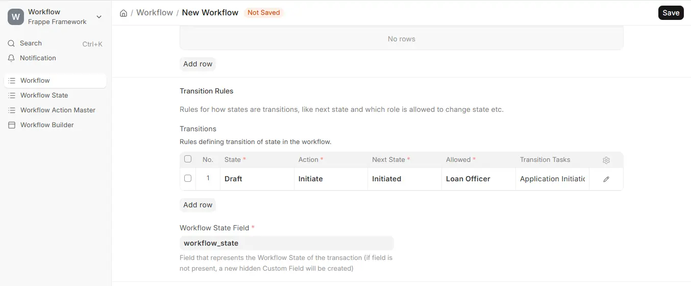 ERPNext Workflow Transition Rules showing Draft to Initiated state with Loan Officer role