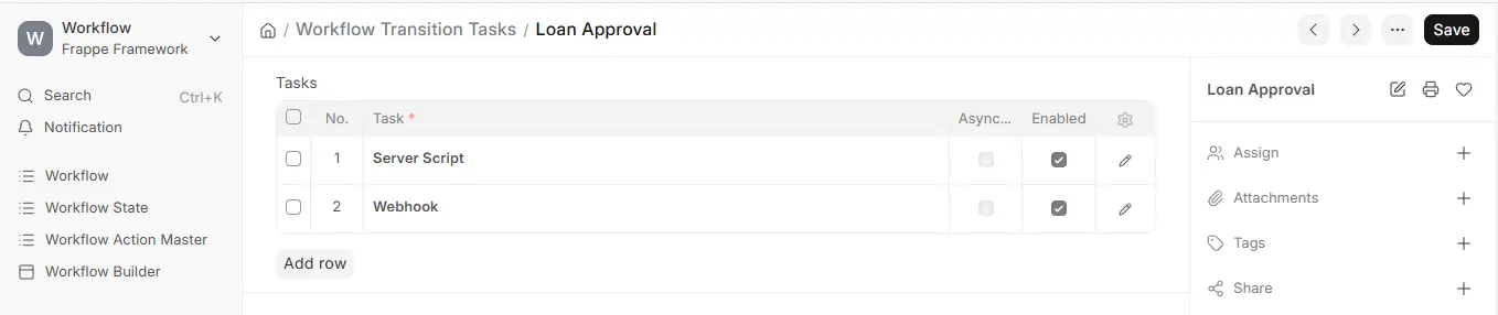 ERPNext Workflow Transition Tasks for Loan Approval with Server Script and Webhook rows