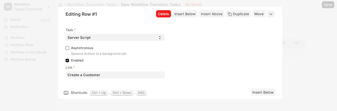 Server Script task type with Link field selecting Create a Customer in ERPNext Workflow Transition Tasks