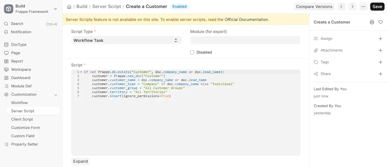 ERPNext Create a Customer Server Script with Workflow Task script type