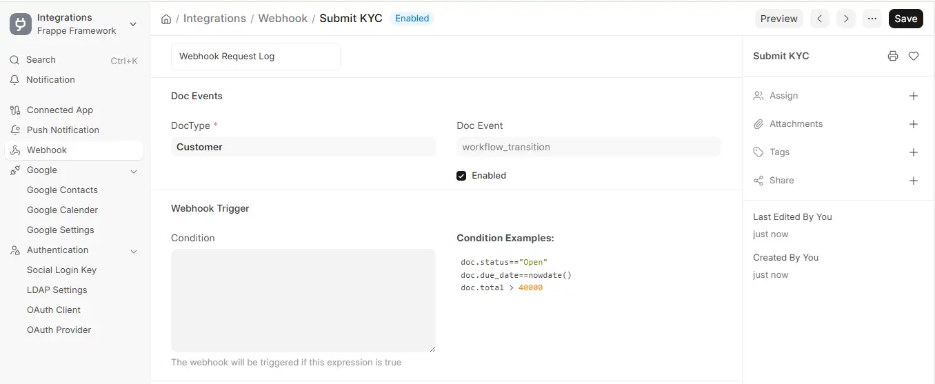 ERPNext Submit KYC Webhook with DocType Customer and Doc Event workflow transition