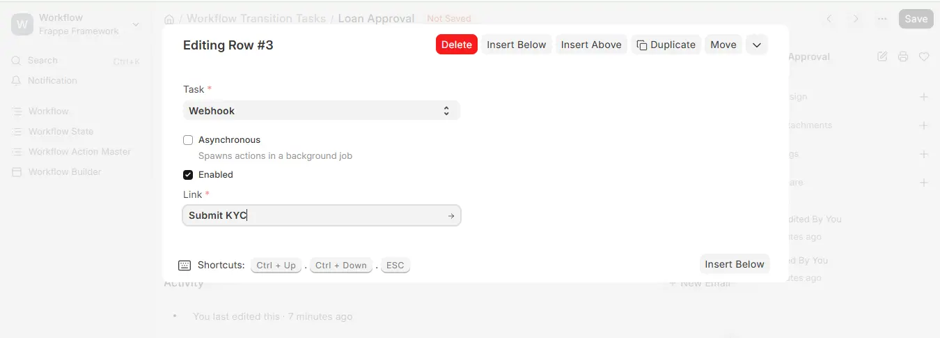 Webhook task linked to Submit KYC in ERPNext Workflow Transition Tasks row