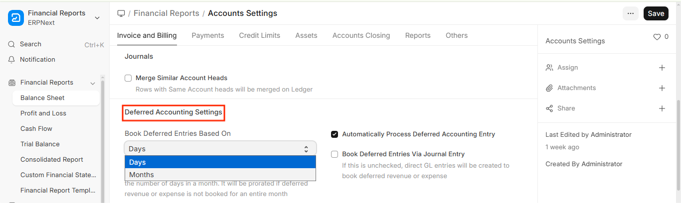 deferred accounting settings