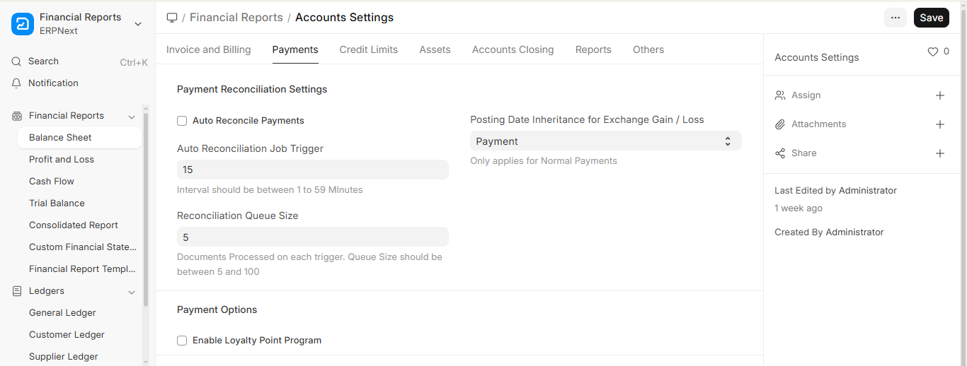 payment reconcillation settings