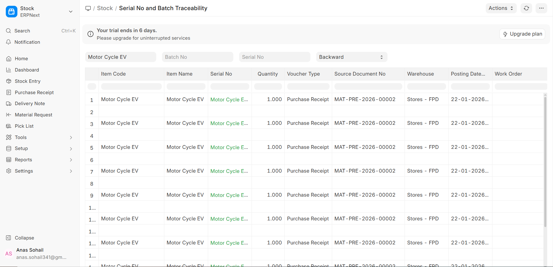 Serial No and Batch Traceability Report
