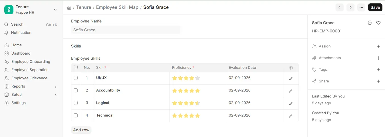 Employee Skill Map in ERPNext HR showing employee skills with star proficiency ratings and evaluation dates