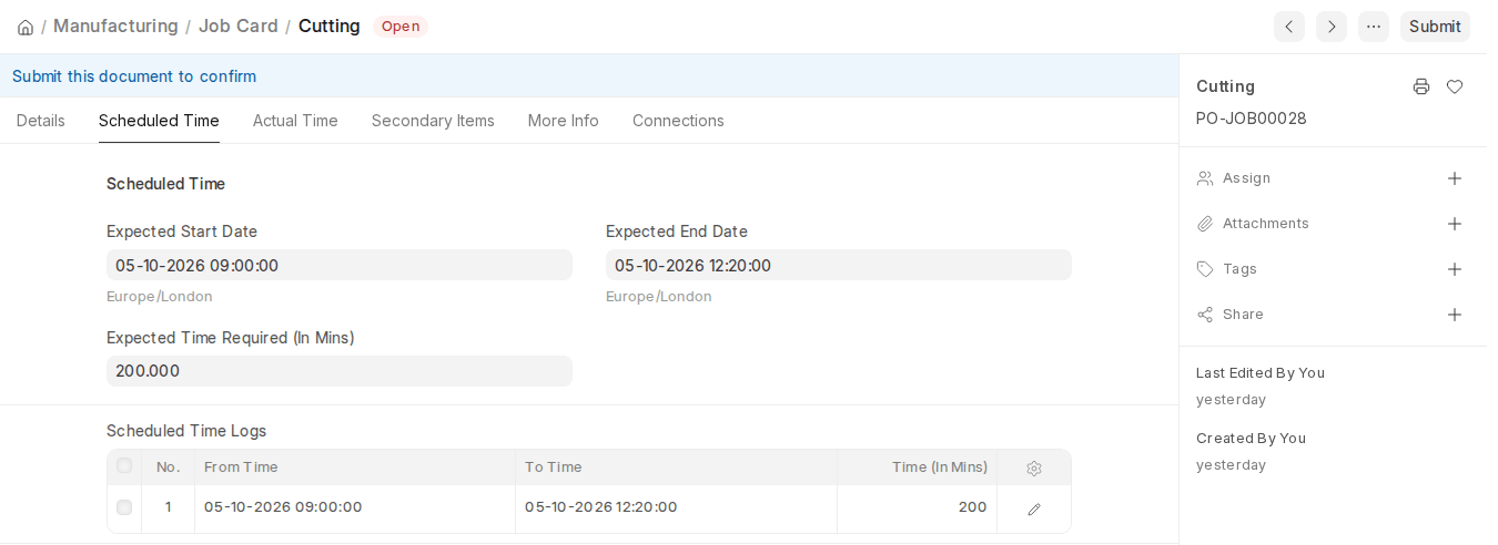 ERPNext v16 Job Card Scheduled Time tab showing Expected Start Date and Expected End Date