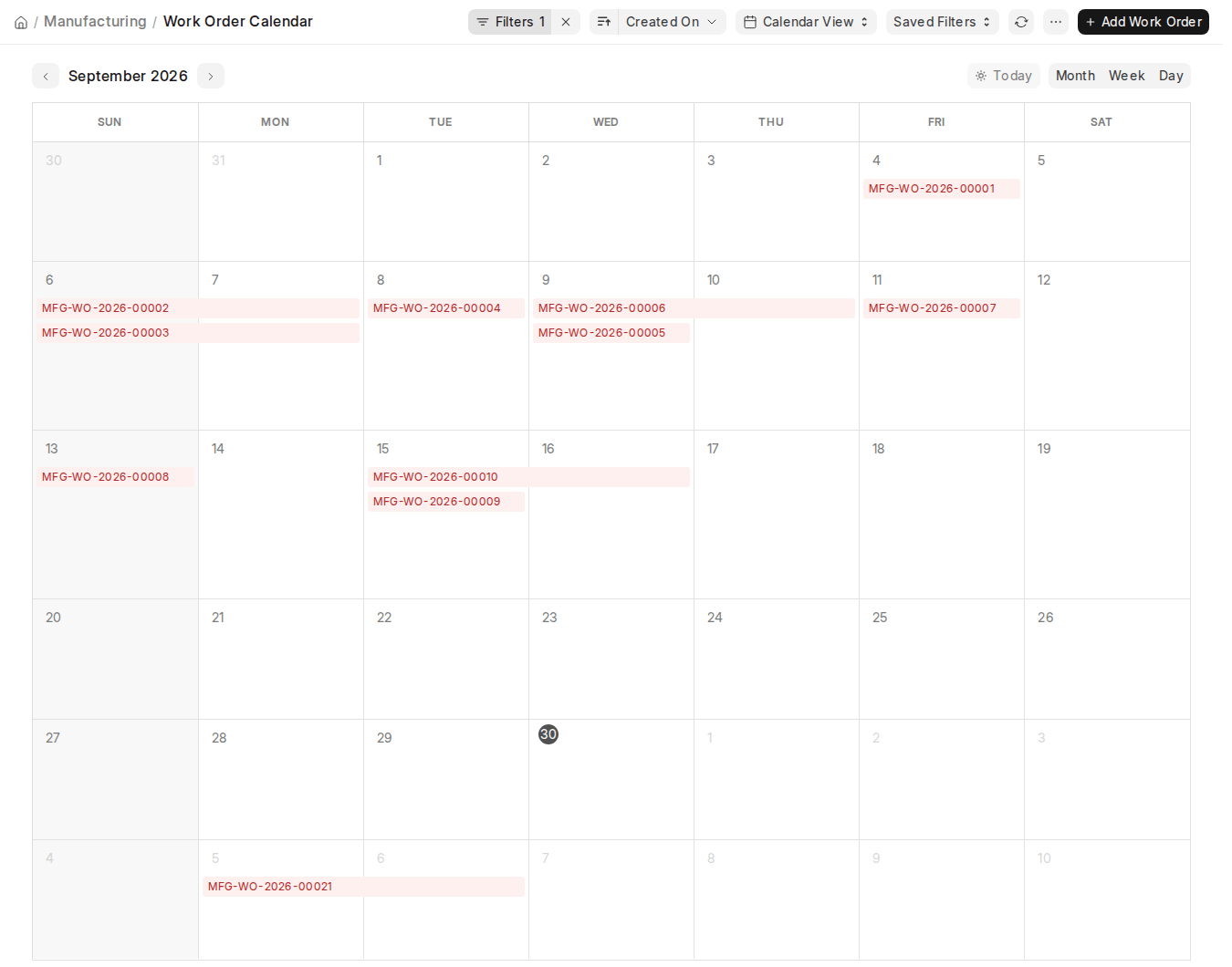 ERPNext v16 Work Order Calendar view showing scheduled Work Orders by month