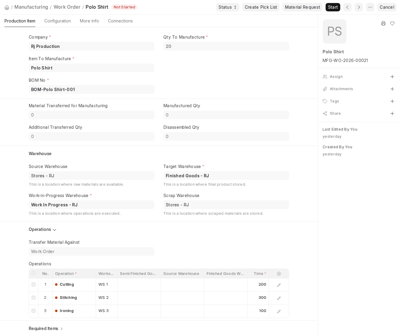 ERPNext v16 submitted Work Order with Operations table showing workstations and operation time