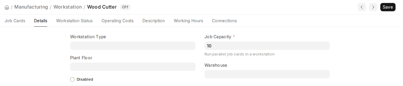 ERPNext v16 Workstation Details tab with Job Capacity set to 10