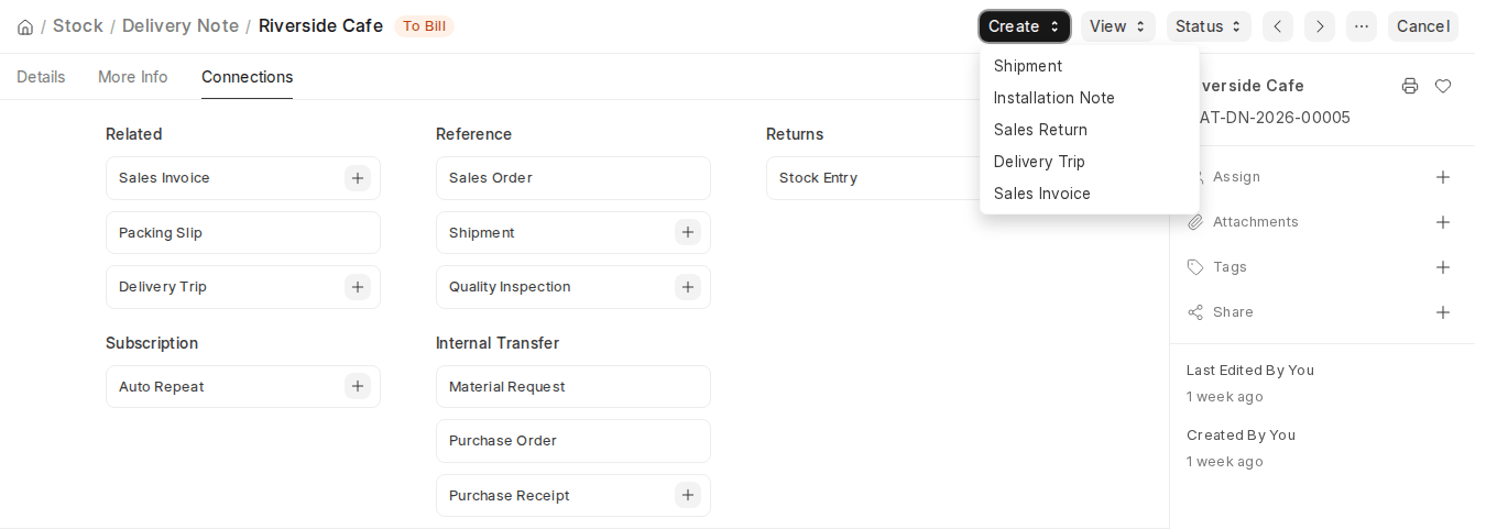 ERPNext v16 submitted Delivery Note Create menu and Connections tab
