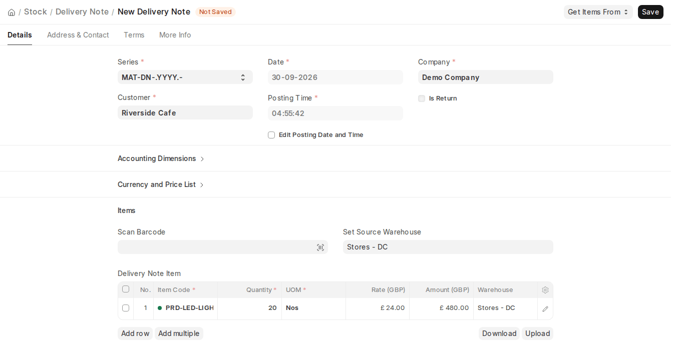 ERPNext v16 new Delivery Note form with Customer, Posting Date, Set Source Warehouse and Items table