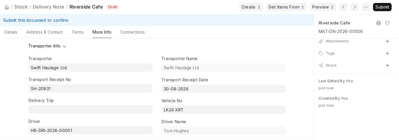 ERPNext v16 Delivery Note More Info tab Transporter Info section with Transporter, Driver, Transport Receipt No and Vehicle No