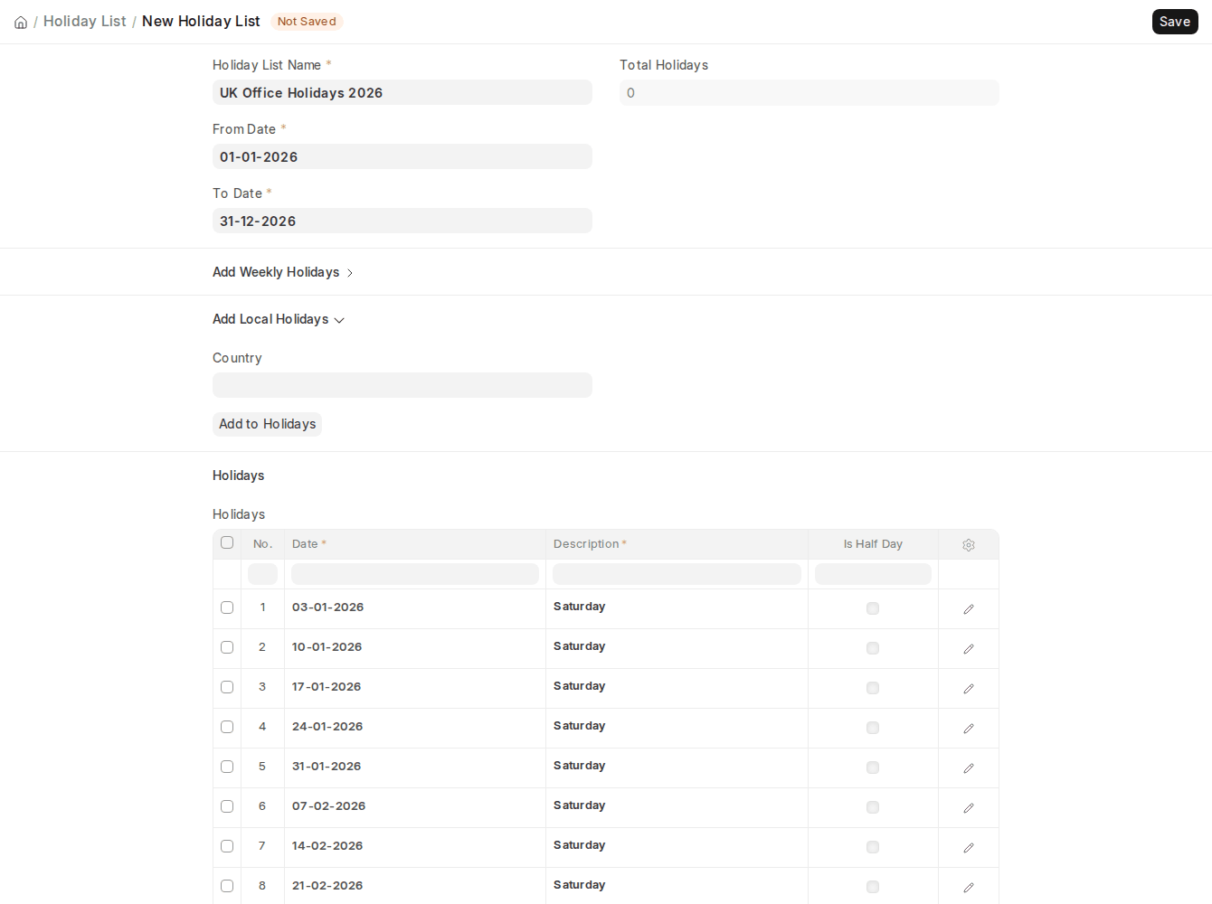 ERPNext v16 Holiday List Add Local Holidays with Country United Kingdom and Subdivision ENG adding bank holidays